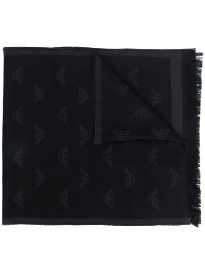 Emporio Armani Allover Logo Wool Scarf In Black