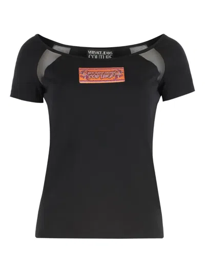 Versace Jeans Couture Cotton Logo T-shirt With Tulle And Mesh In Black