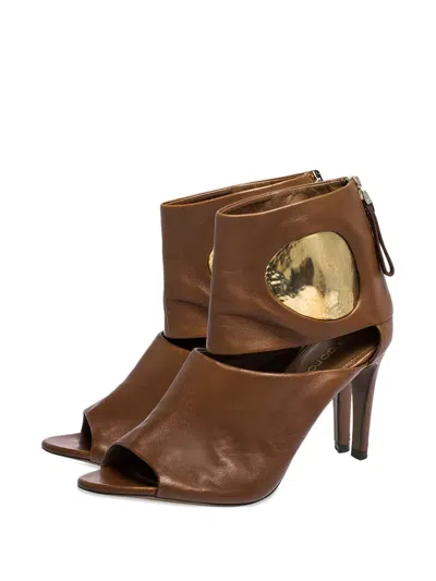 Pre-owned Sergio Rossi Vintage Cut-out Metal-detail Booties In Brown