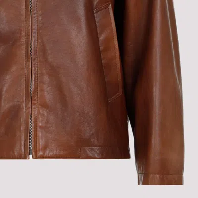 Prada Enamel-logo Leather Jacket In Brown