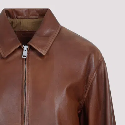 Prada Enamel-logo Leather Jacket In Brown