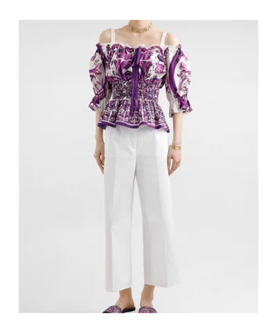 Dolce & Gabbana Smocked Waist Off-the-shoulder Top With Puff Sleeves In Purple