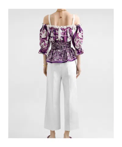 Dolce & Gabbana Smocked Waist Off-the-shoulder Top With Puff Sleeves In Purple