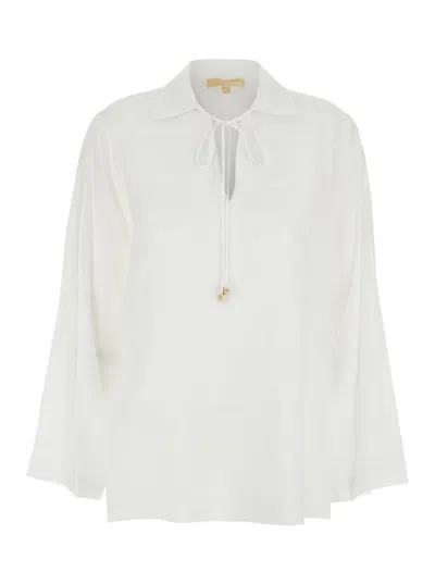 Michael Kors White Blouse With V Neck And Charm With Logo Detail On The Front In Ramie Woman