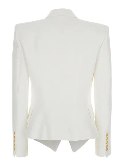 Balmain White Double-breasted Jacket With Peak Lapels And Logo Buttons In Fabric Women In White