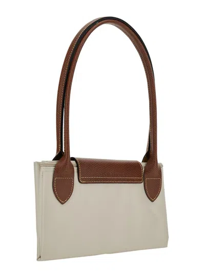 Longchamp 'le Pliage Original' White Shoulder Bag With Embossed Logo In Canvas Woman