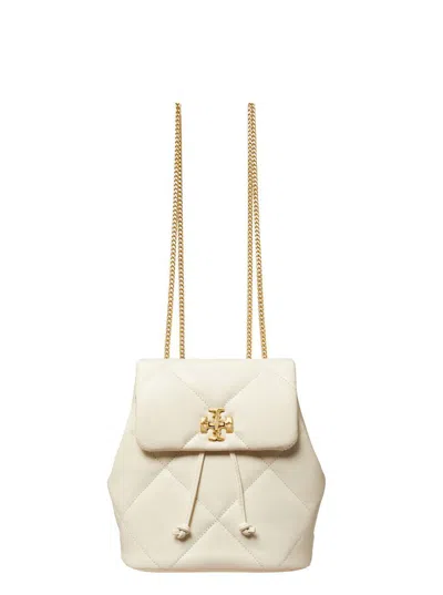 Tory Burch 'kira' White Backpack With Metallic Logo Plate On The Front In Quilted Leather Woman