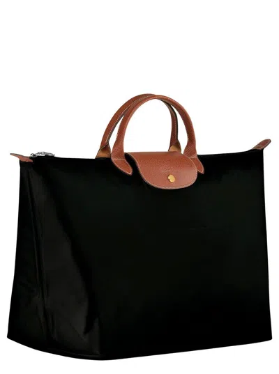Longchamp Black Tote Bag With Embossed Logo And Leather Trim In Canvas Woman