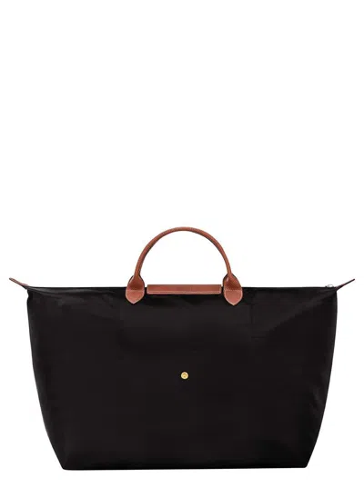 Longchamp Black Tote Bag With Embossed Logo And Leather Trim In Canvas Woman