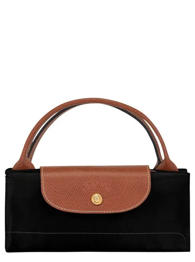 Longchamp Black Tote Bag With Embossed Logo And Leather Trim In Canvas Woman