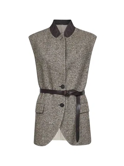 Brunello Cucinelli Beige Wool And Silk Chevron Waistcoat