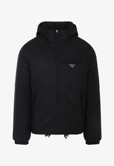 Prada Logo Plaque Puffer Jacket In Black