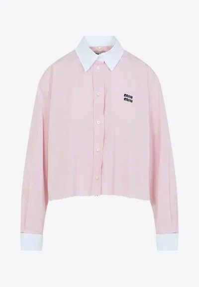 Miu Miu Cotton Shirt With White Collar And Cuffs In Pink