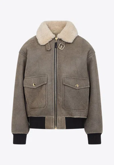 Celine Shearling Collar Leather Jacket With Adjustable Strap