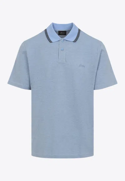 Brioni Striped Edge Polo Shirt In Cotton In Blue