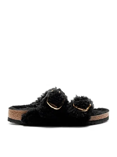 Birkenstock Arizona Shearling Slides With Large Buckle In Black