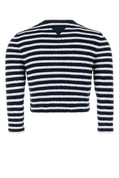 Prada Crew Neck Striped Boucle Cardigan In Blue