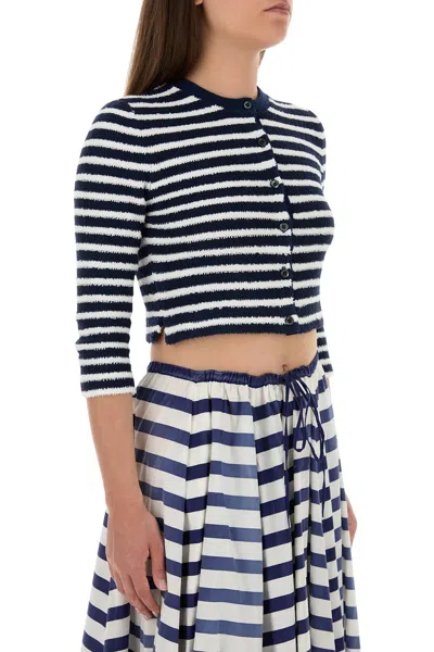 Prada Crew Neck Striped Boucle Cardigan In Blue