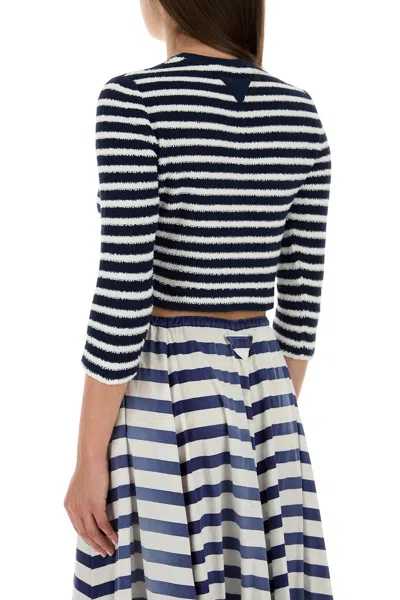 Prada Crew Neck Striped Boucle Cardigan In Blue