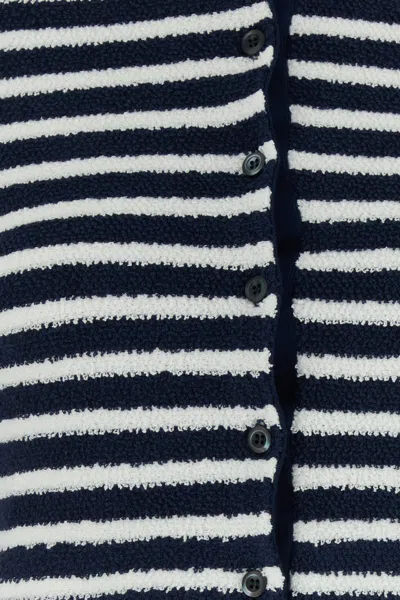 Prada Crew Neck Striped Boucle Cardigan In Blue