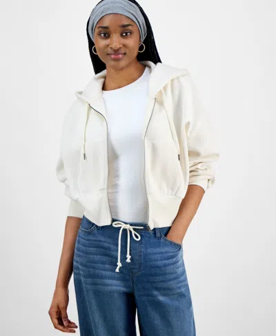 Hippie Rose Juniors' Drop-shoulder Full-zip Cropped Hoodie