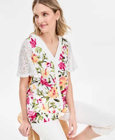 Jm Collection Women's Printed Lace V-neck Top, Exclusively At Macy's In Multi