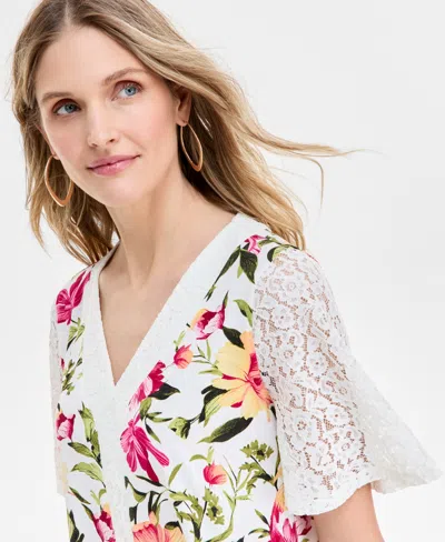 Jm Collection Women's Printed Lace V-neck Top, Exclusively At Macy's In Multi