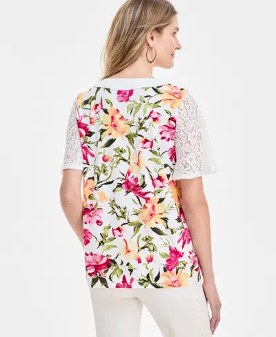 Jm Collection Women's Printed Lace V-neck Top, Exclusively At Macy's In Multi