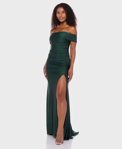 B Darlin Juniors' Shiny Knit Off-the-shoulder Maxi Dress