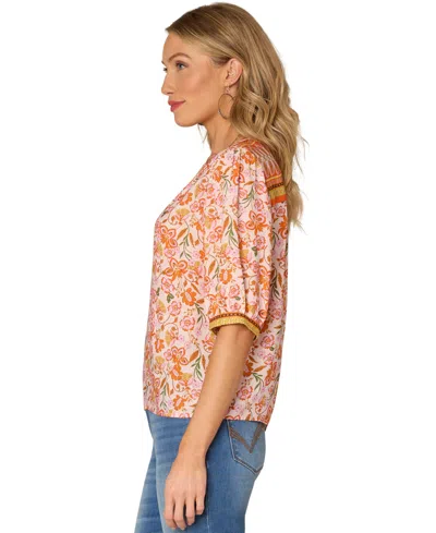 Democracy Petite Printed Notch-neck Elbow-sleeve Top In Multi