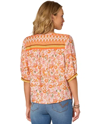 Democracy Petite Printed Notch-neck Elbow-sleeve Top In Multi
