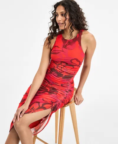 Bar Iii Women's Printed Ruched Mesh Midi Dress, Exclusively At Macy's