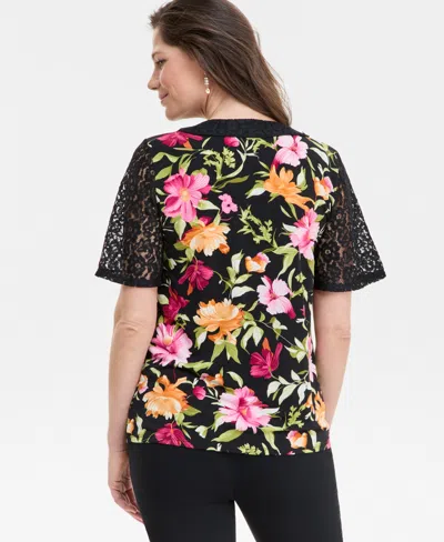 Jm Collection Women's Printed Lace V-neck Top, Exclusively At Macy's In Black