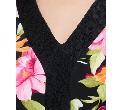 Jm Collection Women's Printed Lace V-neck Top, Exclusively At Macy's In Black