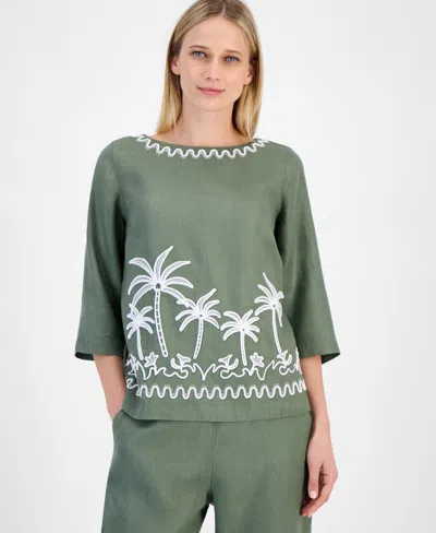 Charter Club Women's Palm-applique 100% Linen Top, Exclusively At Macy's