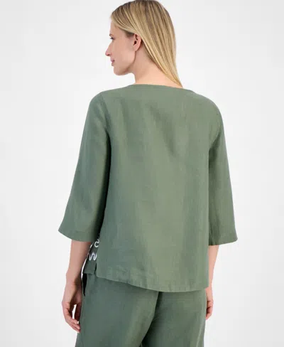 Charter Club Women's Palm-applique 100% Linen Top, Exclusively At Macy's