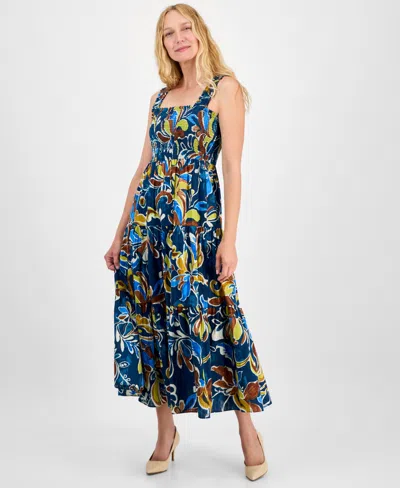 Anne Klein Women's Printed Smocked Cotton Sleeveless Maxi Dress