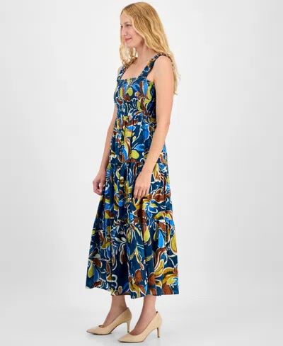 Anne Klein Women's Printed Smocked Cotton Sleeveless Maxi Dress