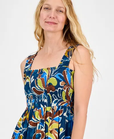 Anne Klein Women's Printed Smocked Cotton Sleeveless Maxi Dress