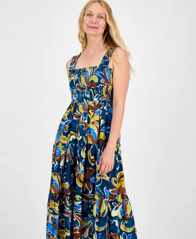 Anne Klein Women's Printed Smocked Cotton Sleeveless Maxi Dress