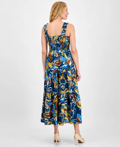 Anne Klein Women's Printed Smocked Cotton Sleeveless Maxi Dress
