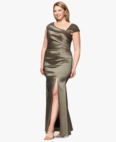 Xscape Plus Size Asymmetrical-neckline Long Sheath Dress In Green