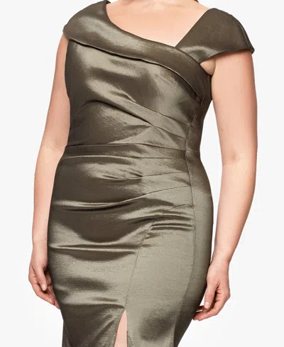 Xscape Plus Size Asymmetrical-neckline Long Sheath Dress In Green