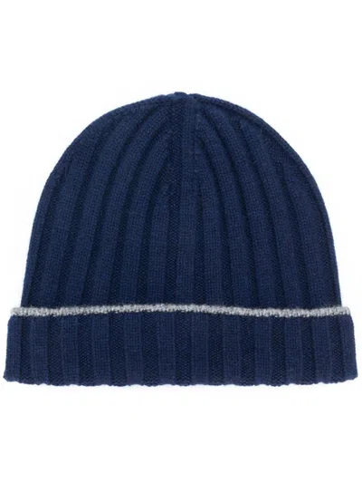 Brunello Cucinelli Navy Blue Logo Beanie Hat In Blue
