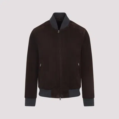 Brioni Ribbed Collar Bomber With Side Pockets In Brown