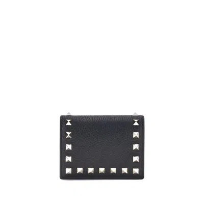 Valentino Bold Studded Leather Wallet With Textured Finish In Black
