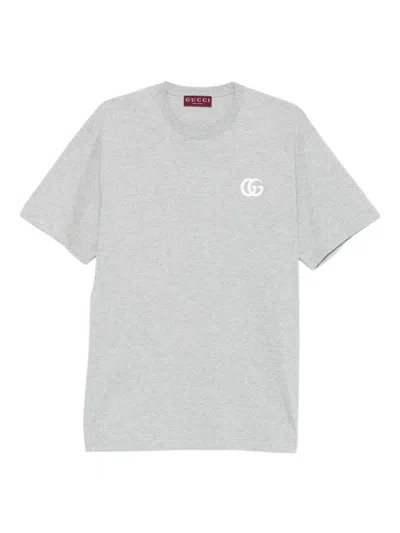 Gucci Grey Crewneck T-shirt With Double G Embroidery On The Front In Fabric Man