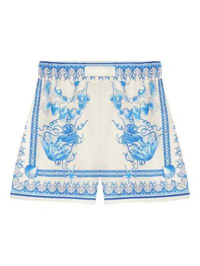 Versace Underwater Barocco Bicolor Foulard Cotton Poplin Pull-on Shorts In Blue