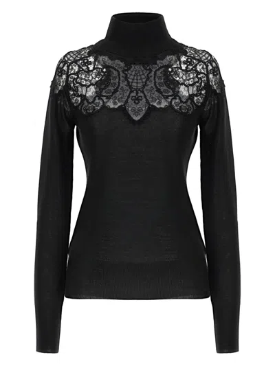 Ermanno Scervino Sheer Turtleneck Lace Sweater With Long Sleeves In Black