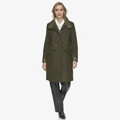 Andrew Marc Feather Leather Trim Wool Blend Coat In Green